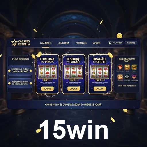 Tela de mobile com jogos de slots e casino ao vivo na 15win